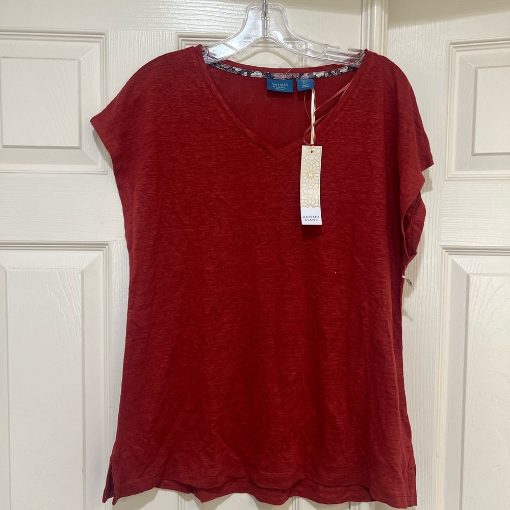 Antibes Blanc Linen Short Sleeve Red Boxy Blouse Sz Large Lightweight Relaxed‎